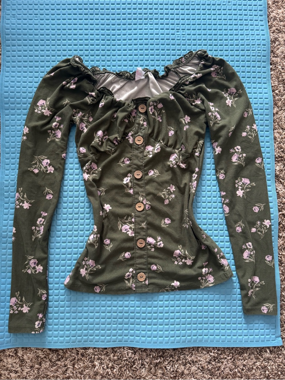 Y2k Olive Green Floral Off-Shoulder Button-Front Women's Top